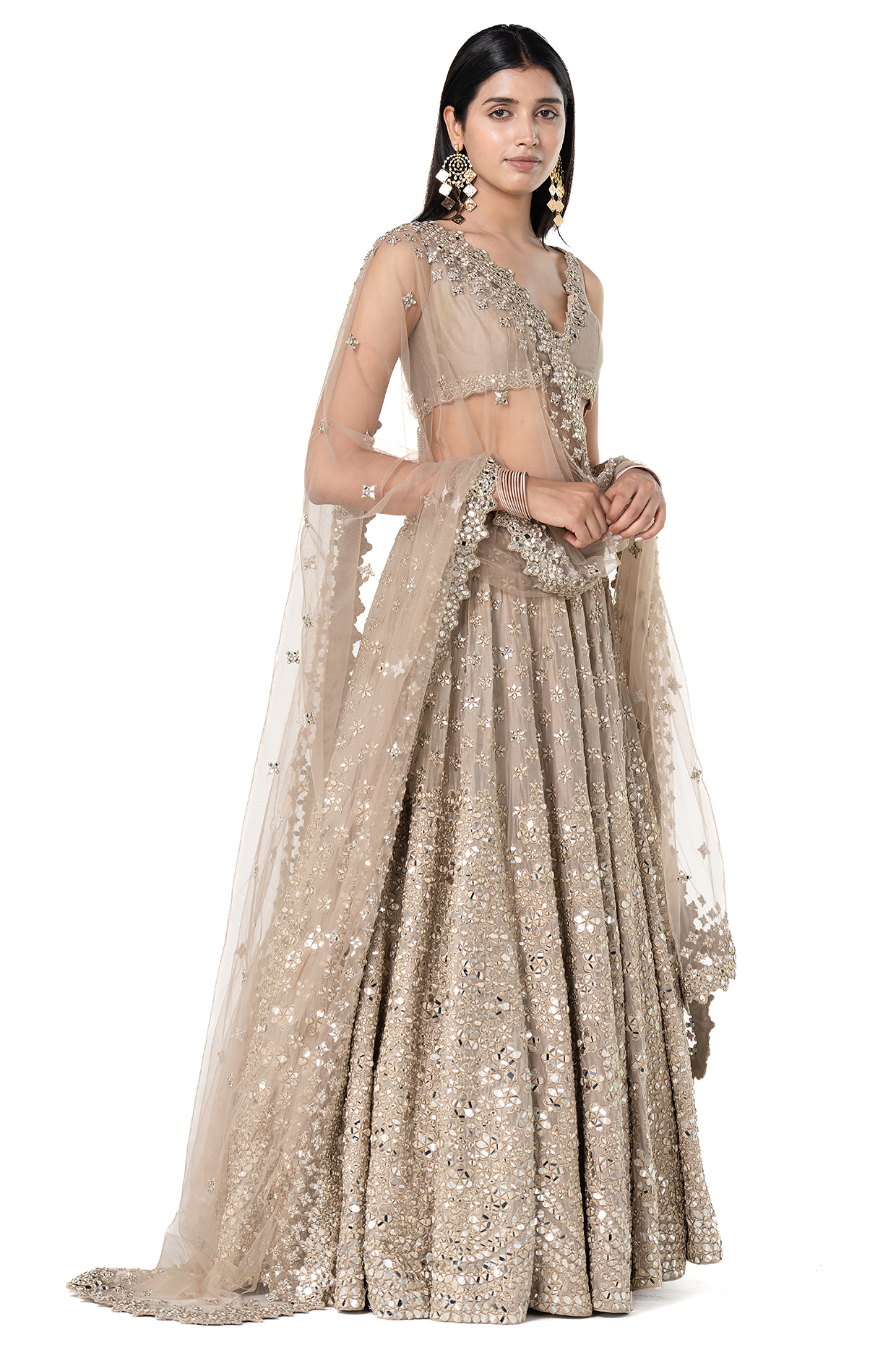 Moon Grey Chanderi Mirror Embellished Bridal Lehenga Set by Abhinav Mishra at Pernia's Pop Up Shop