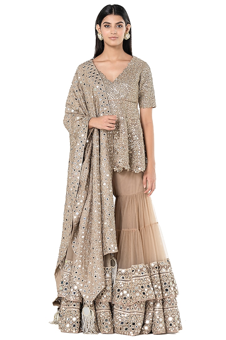 Beige Net Embroidered Sharara Set by Abhinav Mishra at Pernia's Pop Up Shop