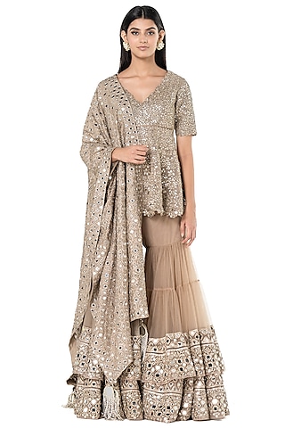 Beige Net Embroidered Sharara Set by Abhinav Mishra