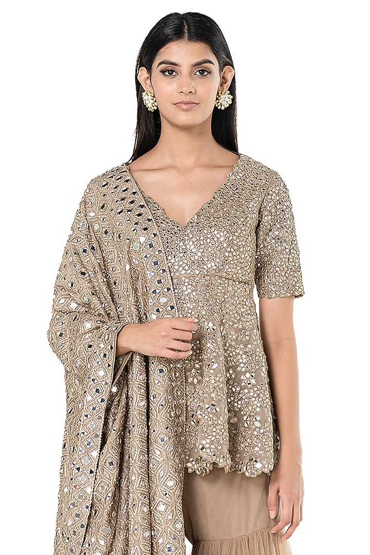 Beige Net Embroidered Bridal Sharara Set by Abhinav Mishra at Pernia's Pop Up Shop