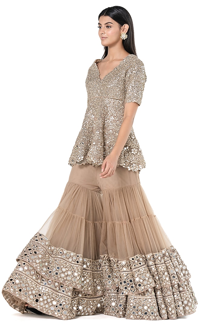 Beige Net Embroidered Bridal Sharara Set by Abhinav Mishra at Pernia's Pop Up Shop