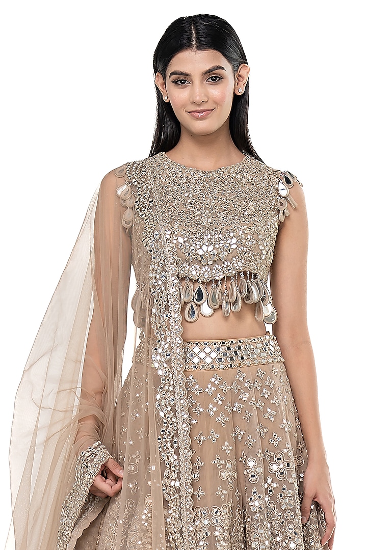 Beige Net Mirror Embellished Bridal Lehenga Set by Abhinav Mishra at Pernia's Pop Up Shop