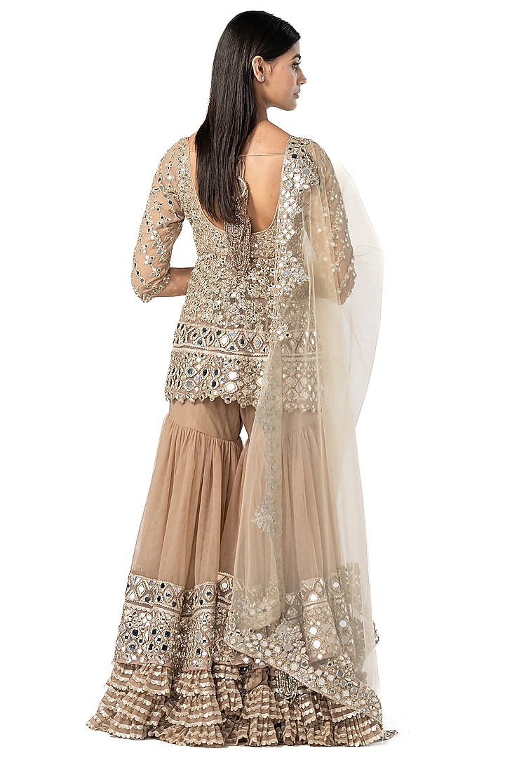 Dark Beige Net Embroidered Bridal Sharara Set by Abhinav Mishra at Pernia's Pop Up Shop