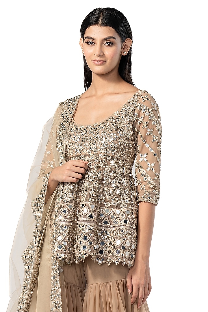 Dark Beige Net Embroidered Bridal Sharara Set by Abhinav Mishra at Pernia's Pop Up Shop