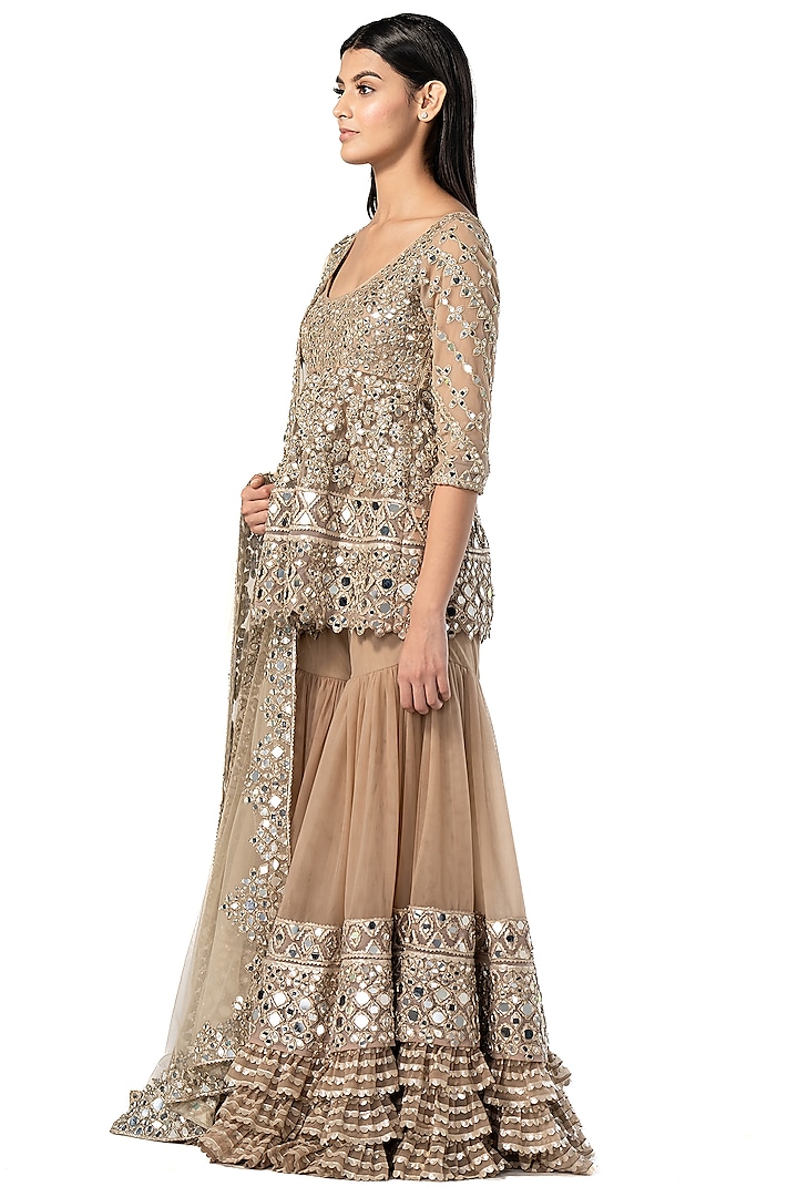 Dark Beige Net Embroidered Bridal Sharara Set by Abhinav Mishra at Pernia's Pop Up Shop