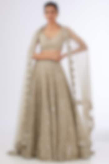 Beige Chanderi Mirror Embellished Bridal Lehenga Set by Abhinav Mishra at Pernia's Pop Up Shop