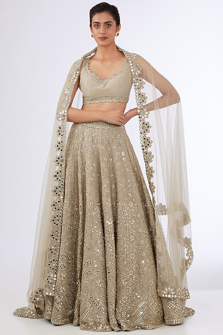 Beige Chanderi Mirror Embellished Bridal Lehenga Set by Abhinav Mishra at Pernia's Pop Up Shop