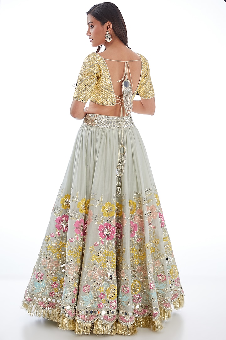 Powder Blue Chanderi Mirror & Zari Embroidered Bridal Lehenga Set by Abhinav Mishra at Pernia's Pop Up Shop