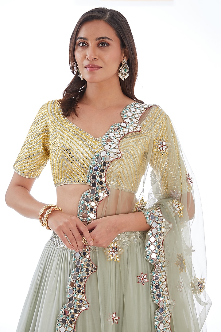 Powder Blue Chanderi Mirror & Zari Embroidered Bridal Lehenga Set by Abhinav Mishra at Pernia's Pop Up Shop
