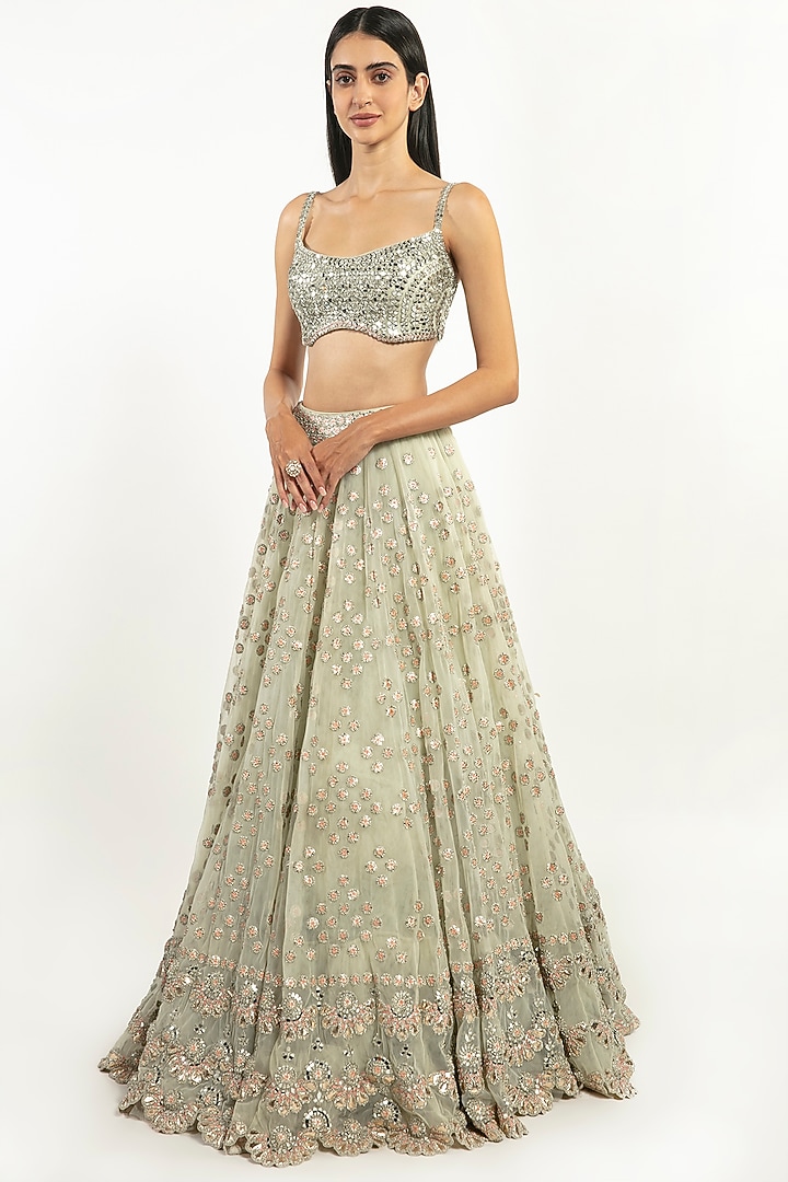 Mint Green Embroidered Bridal Lehenga Set by Abhinav Mishra at Pernia's Pop Up Shop