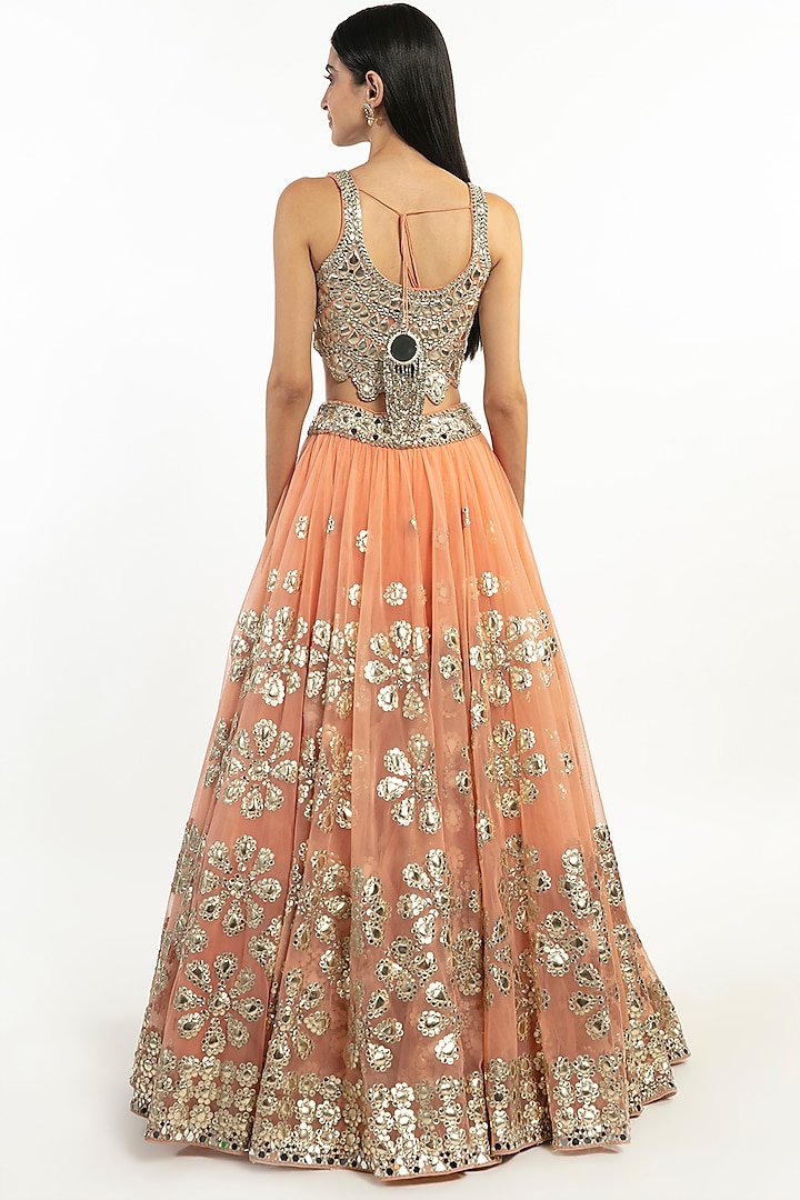 Peach Pure Lakhnavi Embroidered Lehenga Set