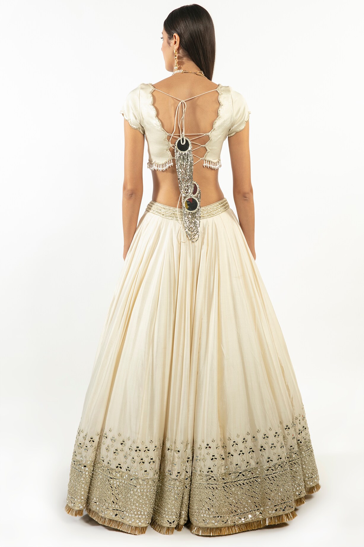 Ivory and Pink Resham and Mirror Hand Embroidered Lehenga Set
