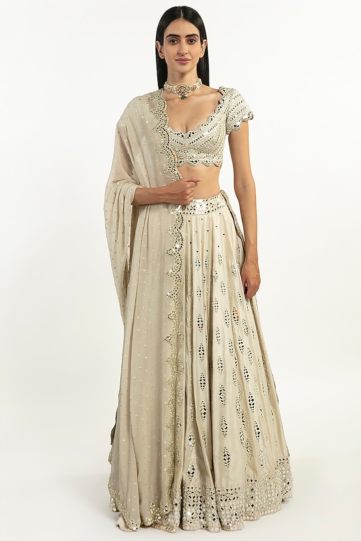 Ivory Embroidered Lehenga Set by Abhinav Mishra