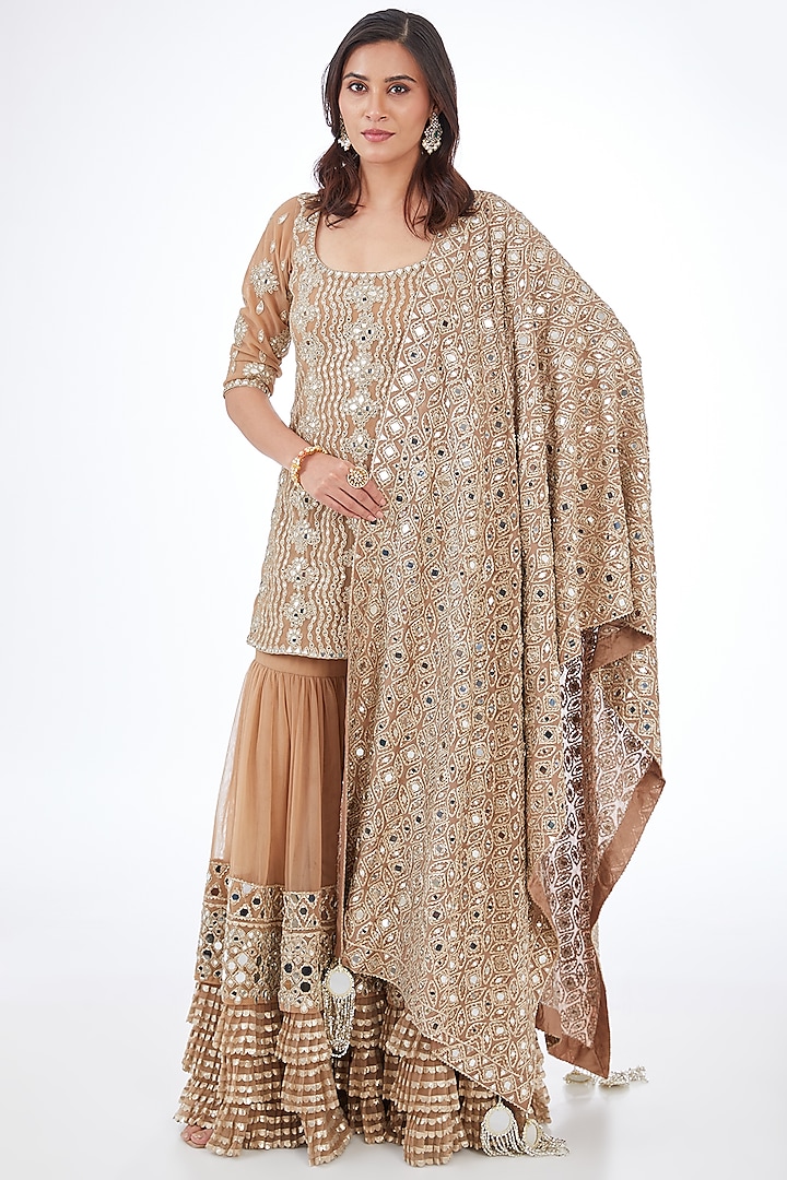 Beige Net Mirror Embroidered Sharara Set by Abhinav Mishra at Pernia's Pop Up Shop