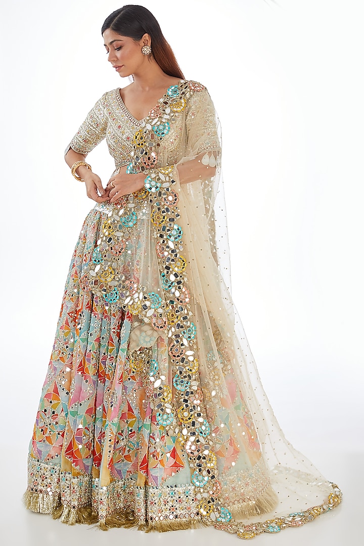 Multi-Colored Raw Silk Sequins & Moti Embroidered Lehenga Set by Abhinav Mishra