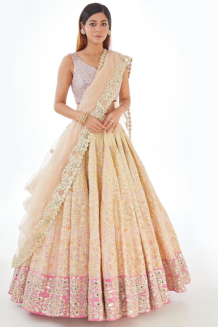 Pastel Chanderi Printed & Mirror Embroidered Lehenga Set by Abhinav Mishra at Pernia's Pop Up Shop