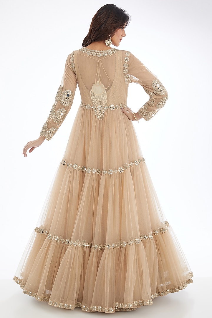 Beige Net Mirror Embroidered Jacket Bridal Anarkali by Abhinav Mishra at Pernia's Pop Up Shop