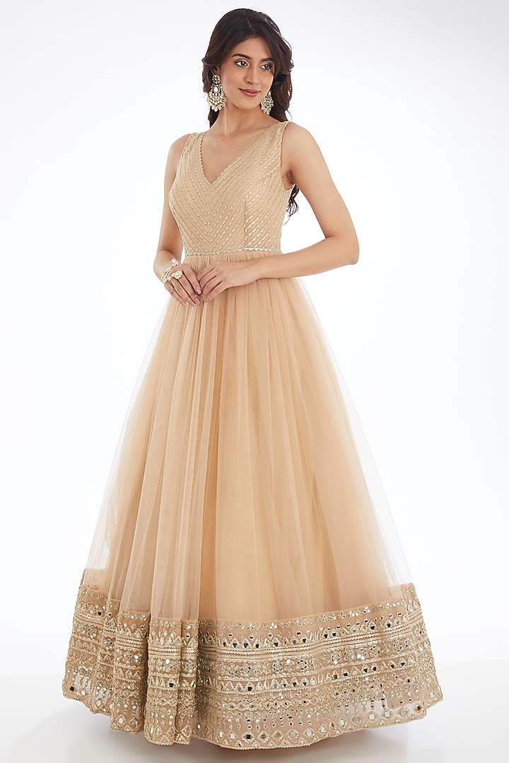 Beige Net Mirror Embroidered Jacket Bridal Anarkali by Abhinav Mishra at Pernia's Pop Up Shop