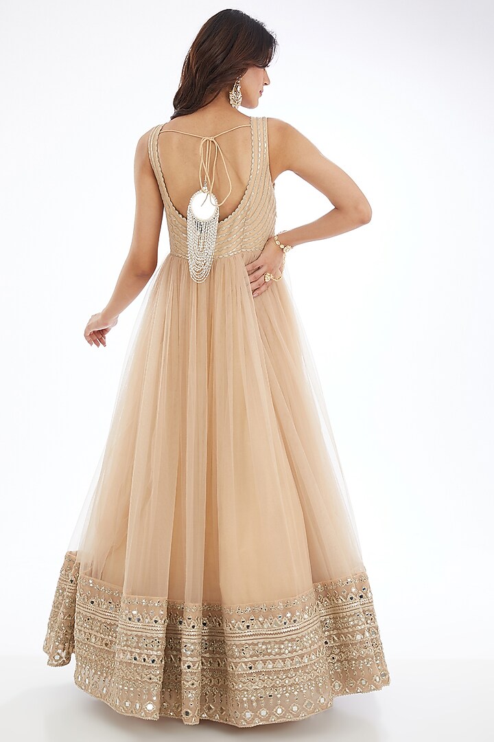Beige Net Mirror Embroidered Jacket Bridal Anarkali by Abhinav Mishra at Pernia's Pop Up Shop