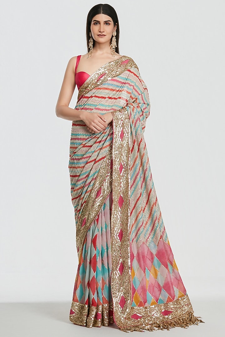 Multi-Colored Pure Georgette Sequin Embroidered Bridal Saree Set by Abhinav Mishra at Pernia's Pop Up Shop
