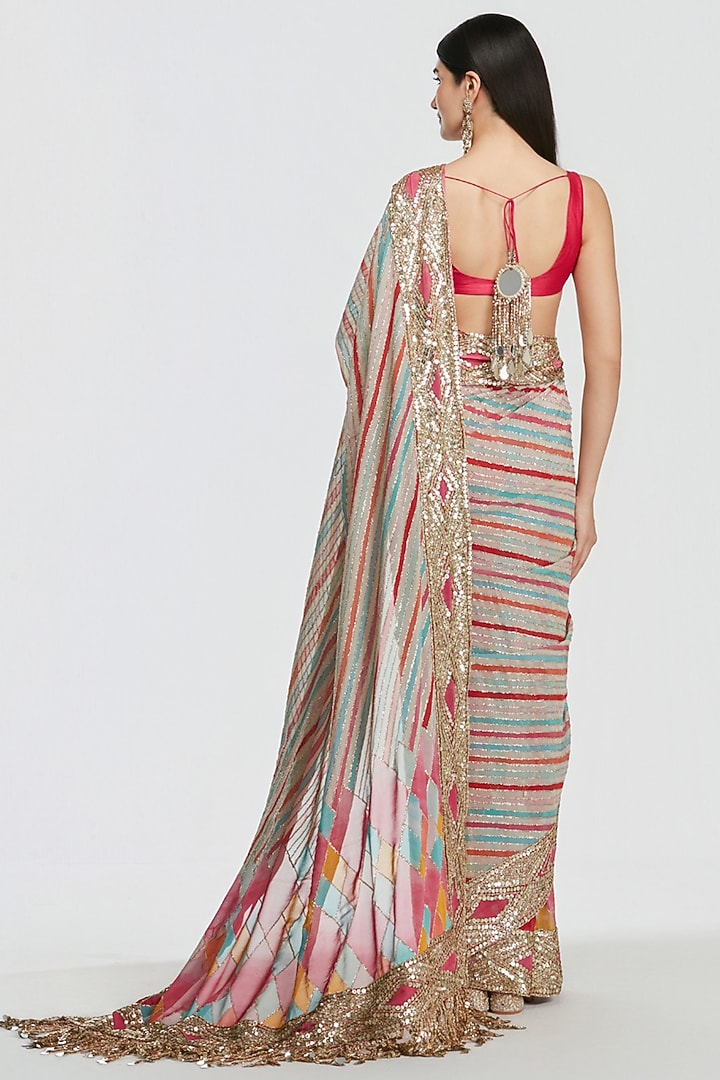 Multi-Colored Pure Georgette Sequin Embroidered Bridal Saree Set by Abhinav Mishra at Pernia's Pop Up Shop