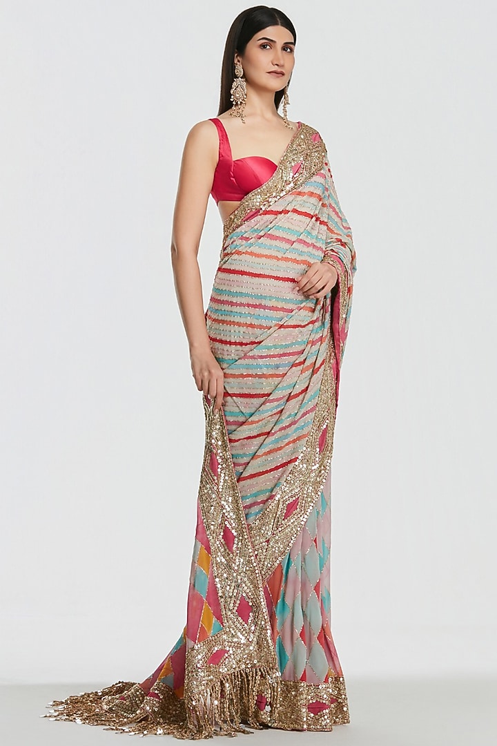 Multi-Colored Pure Georgette Sequin Embroidered Bridal Saree Set by Abhinav Mishra at Pernia's Pop Up Shop
