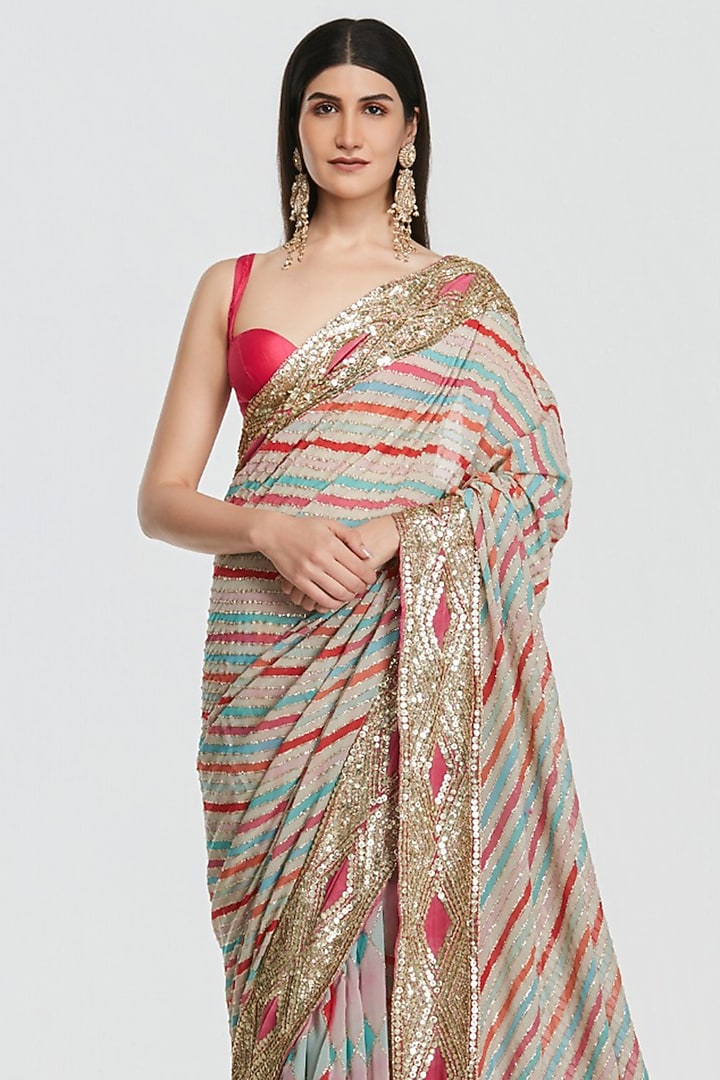 Multi-Colored Pure Georgette Sequin Embroidered Bridal Saree Set by Abhinav Mishra at Pernia's Pop Up Shop