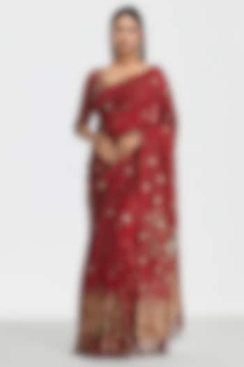 Crimson Red Silk Mirror Embroidered Bridal Saree Set by Abhinav Mishra at Pernia's Pop Up Shop
