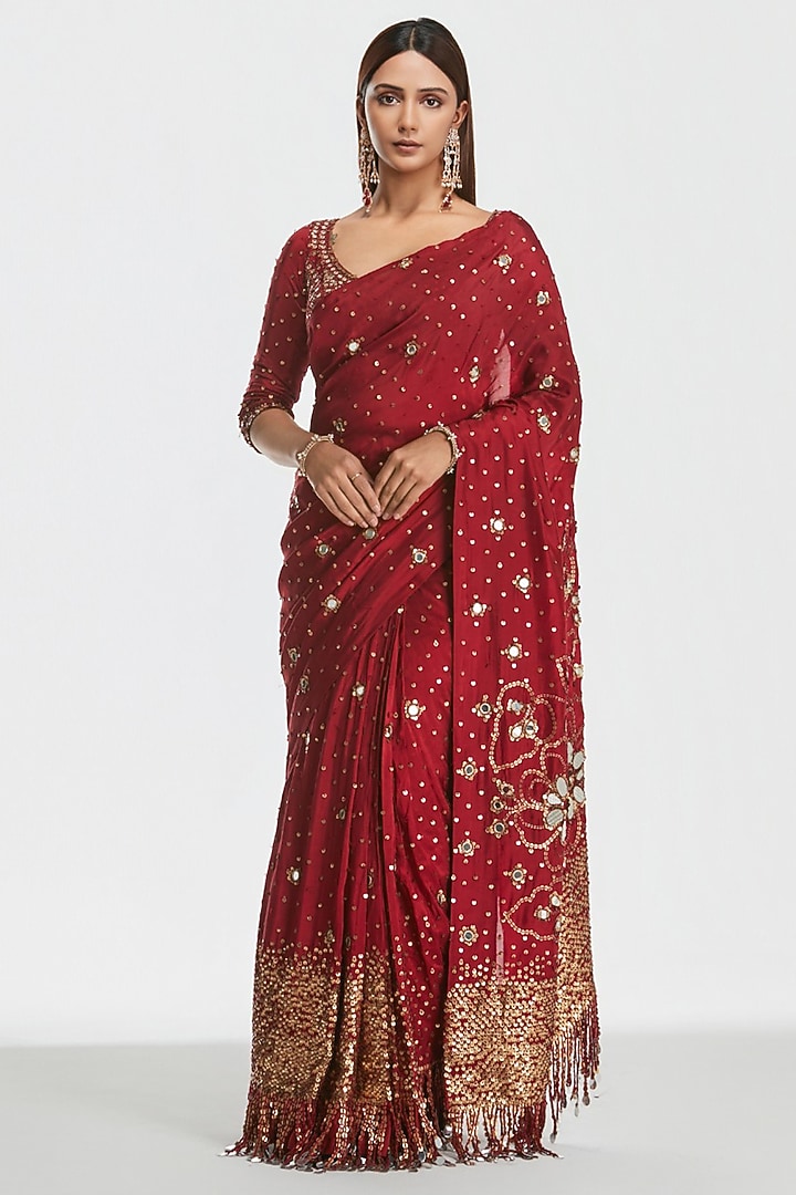 Crimson Red Silk Mirror Embroidered Bridal Saree Set by Abhinav Mishra at Pernia's Pop Up Shop
