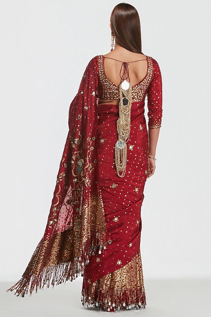 Crimson Red Silk Mirror Embroidered Bridal Saree Set by Abhinav Mishra at Pernia's Pop Up Shop