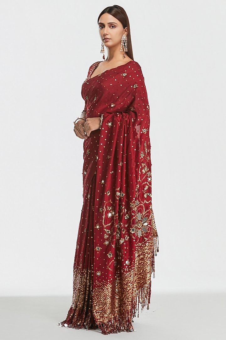 Crimson Red Silk Mirror Embroidered Bridal Saree Set by Abhinav Mishra at Pernia's Pop Up Shop