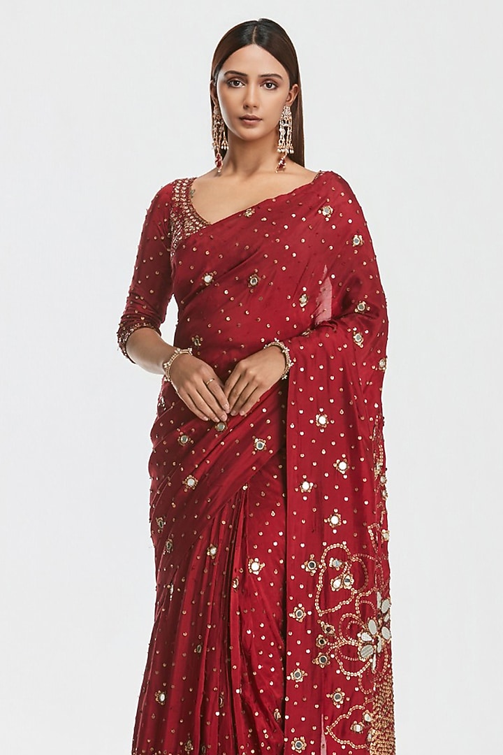 Crimson Red Silk Mirror Embroidered Bridal Saree Set by Abhinav Mishra at Pernia's Pop Up Shop