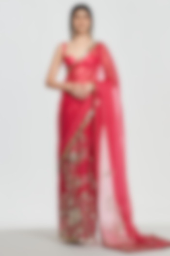 Ruby Pink Pure Georgette Zari Embroidered Bridal Saree Set by Abhinav Mishra at Pernia's Pop Up Shop