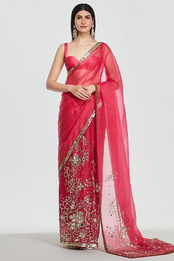 Ruby Pink Pure Georgette Zari Embroidered Bridal Saree Set by Abhinav Mishra at Pernia's Pop Up Shop