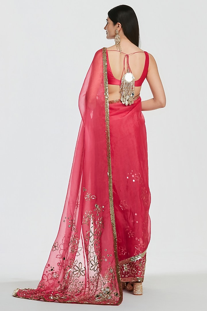 Ruby Pink Pure Georgette Zari Embroidered Bridal Saree Set by Abhinav Mishra at Pernia's Pop Up Shop