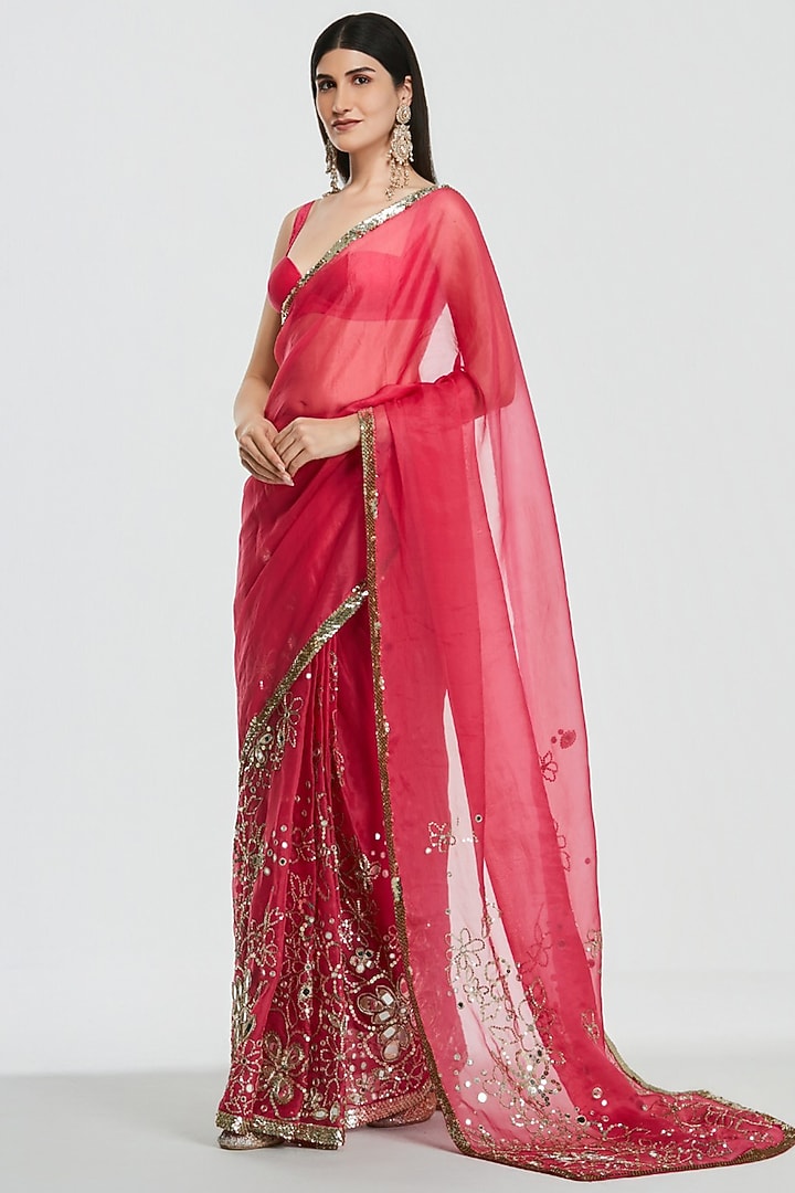 Ruby Pink Pure Georgette Zari Embroidered Bridal Saree Set by Abhinav Mishra at Pernia's Pop Up Shop