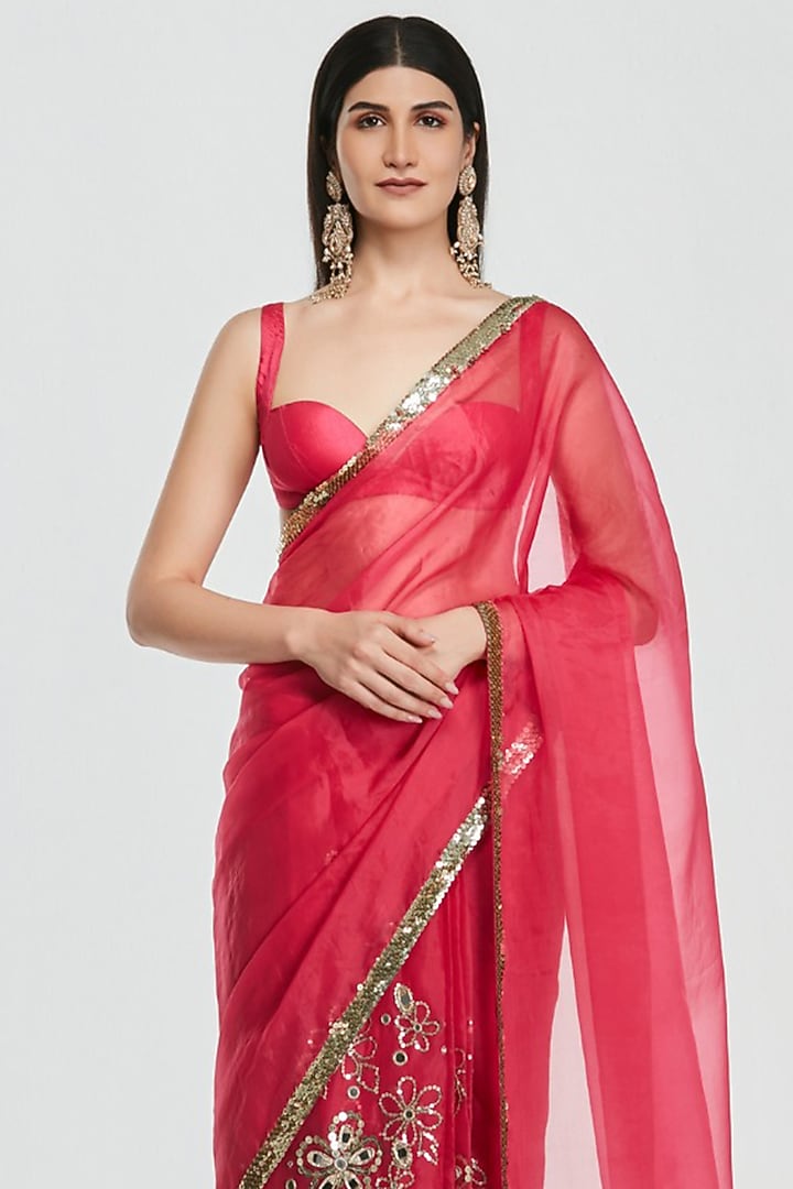 Ruby Pink Pure Georgette Zari Embroidered Bridal Saree Set by Abhinav Mishra at Pernia's Pop Up Shop