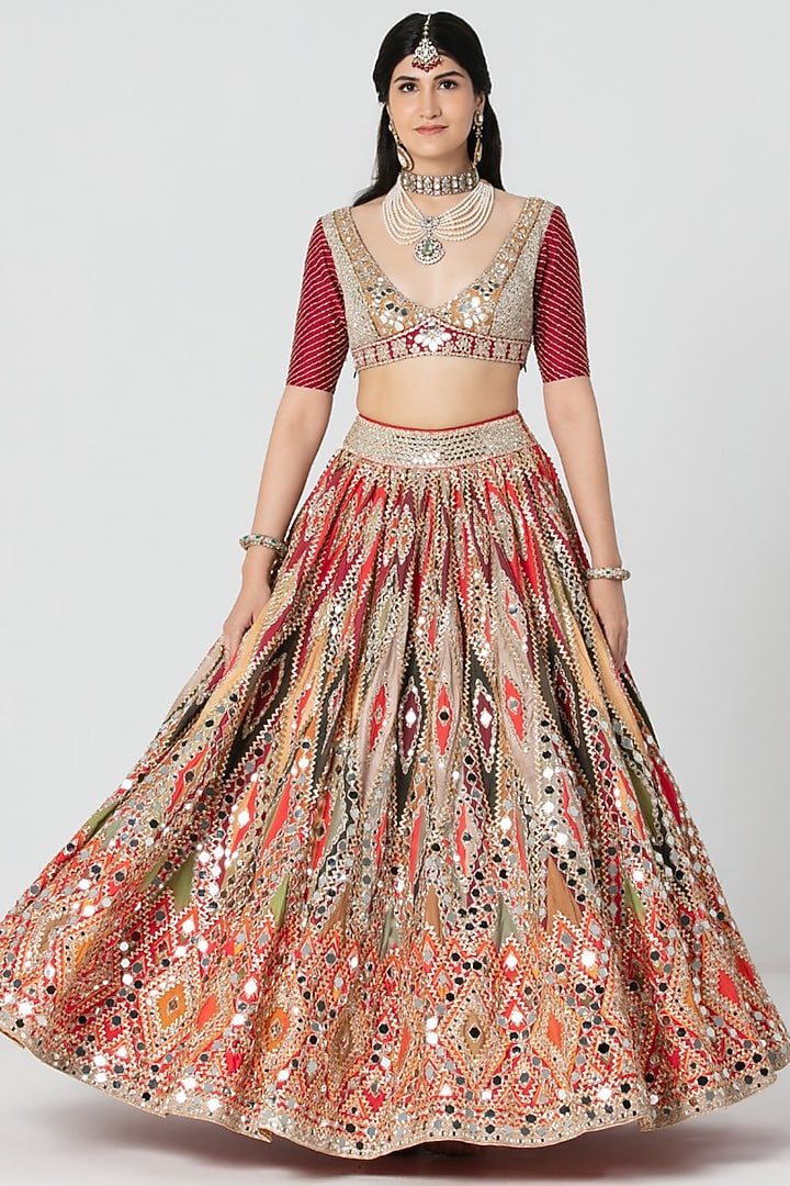 Multi-Colored Silk Zari & Sequin Embroidered Bridal Bridal Lehenga Set by Abhinav Mishra at Pernia's Pop Up Shop