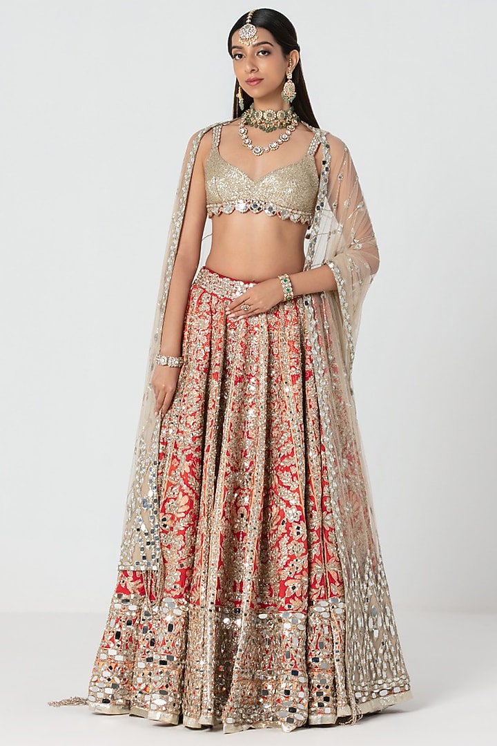Multi-Colored Silk Gota Embroidered Bridal Bridal Lehenga Set by Abhinav Mishra at Pernia's Pop Up Shop
