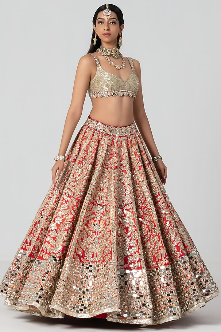 Multi-Colored Silk Gota Embroidered Bridal Bridal Lehenga Set by Abhinav Mishra at Pernia's Pop Up Shop