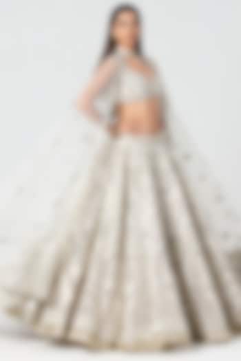 Ivory Net Mirror Embroidered Bridal Bridal Lehenga Set by Abhinav Mishra at Pernia's Pop Up Shop