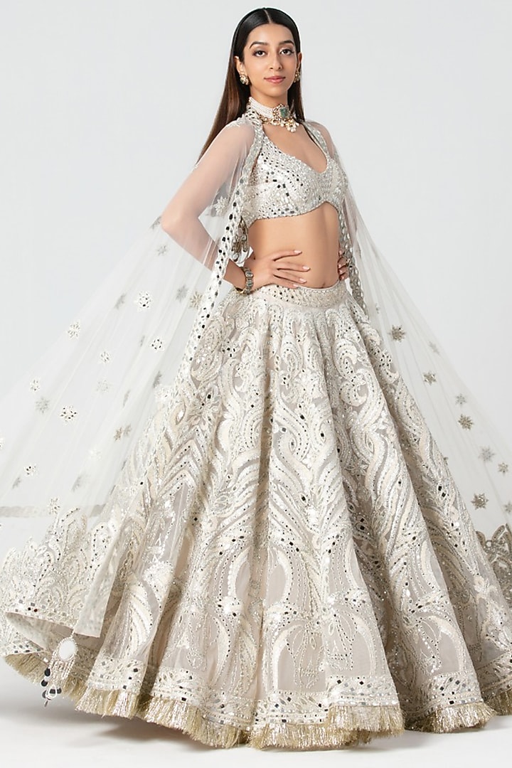 Ivory Net Mirror Embroidered Bridal Bridal Lehenga Set by Abhinav Mishra at Pernia's Pop Up Shop