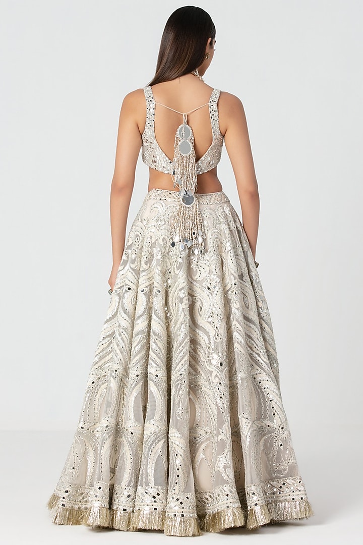 Ivory Net Mirror Embroidered Bridal Bridal Lehenga Set by Abhinav Mishra at Pernia's Pop Up Shop