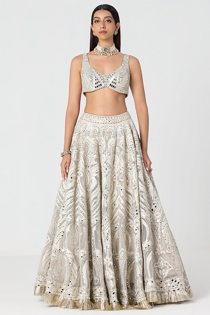 Ivory Net Mirror Embroidered Bridal Bridal Lehenga Set by Abhinav Mishra at Pernia's Pop Up Shop