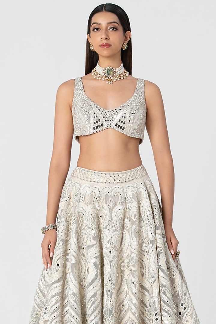 Ivory Net Mirror Embroidered Bridal Bridal Lehenga Set by Abhinav Mishra at Pernia's Pop Up Shop