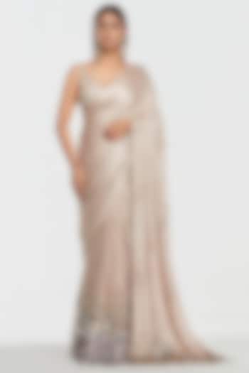 Shell Pink Satin Silk Pearl Embroidered Bridal Saree Set by Abhinav Mishra at Pernia's Pop Up Shop