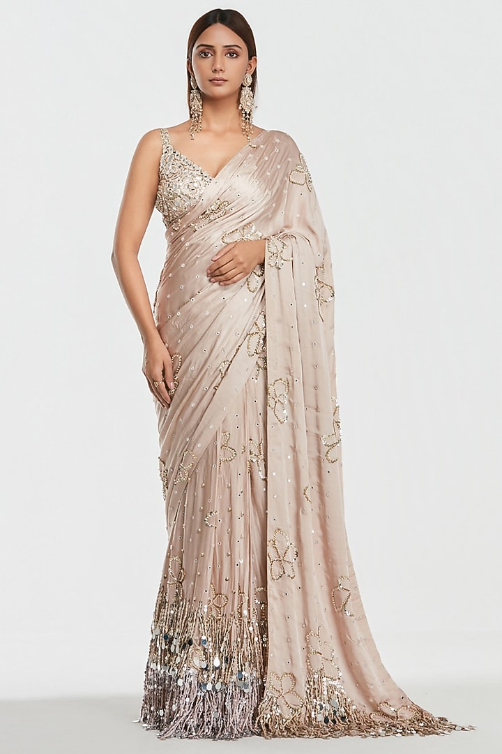 Shell Pink Satin Silk Pearl Embroidered Bridal Saree Set by Abhinav Mishra at Pernia's Pop Up Shop