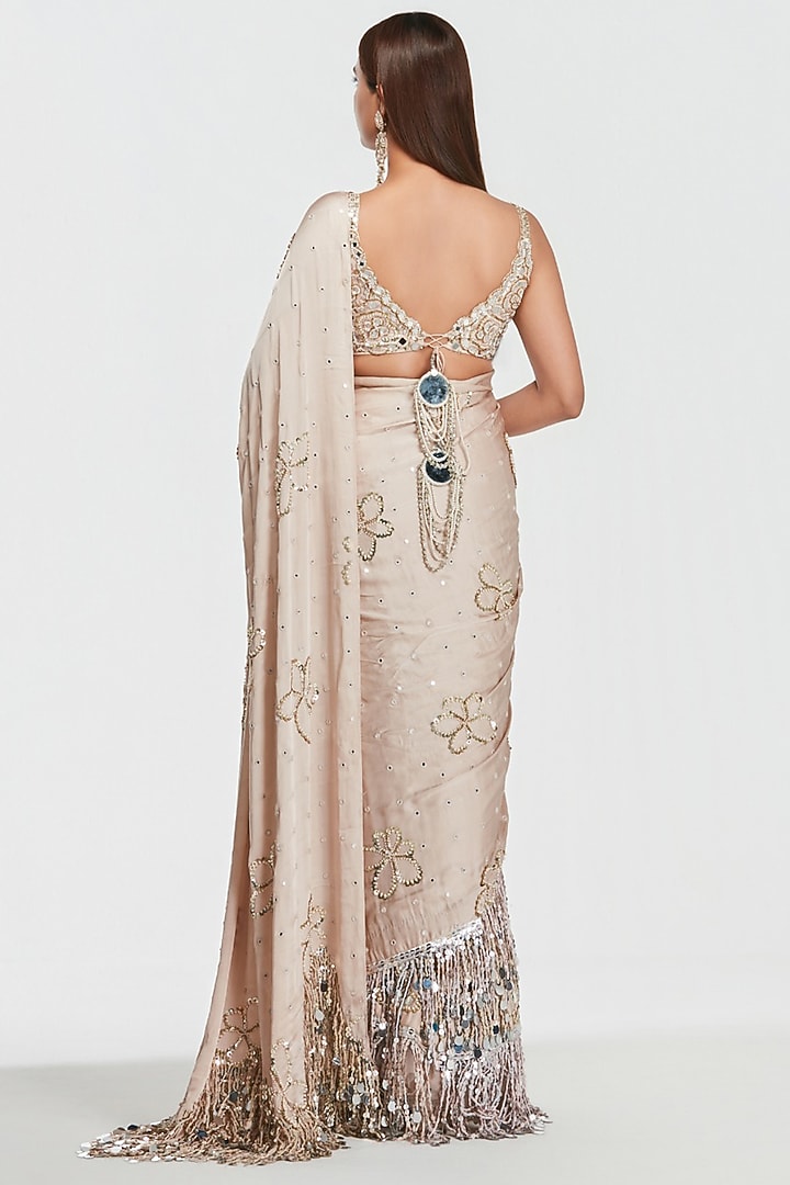 Shell Pink Satin Silk Pearl Embroidered Bridal Saree Set by Abhinav Mishra at Pernia's Pop Up Shop