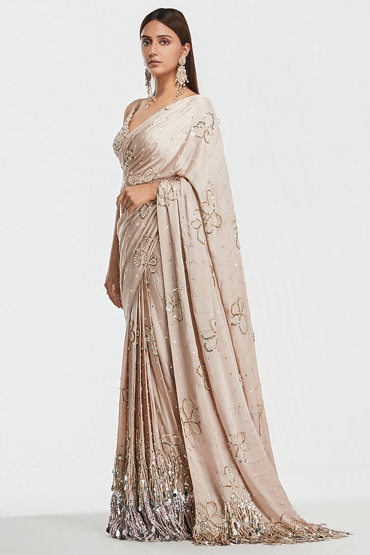 Shell Pink Satin Silk Pearl Embroidered Bridal Saree Set by Abhinav Mishra at Pernia's Pop Up Shop