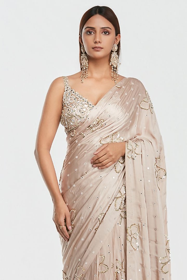 Shell Pink Satin Silk Pearl Embroidered Bridal Saree Set by Abhinav Mishra at Pernia's Pop Up Shop